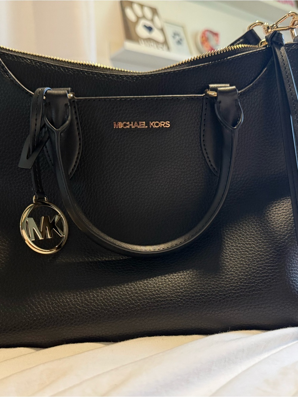 Michael Kors Black Leather Tote Bag with Gold Hardware